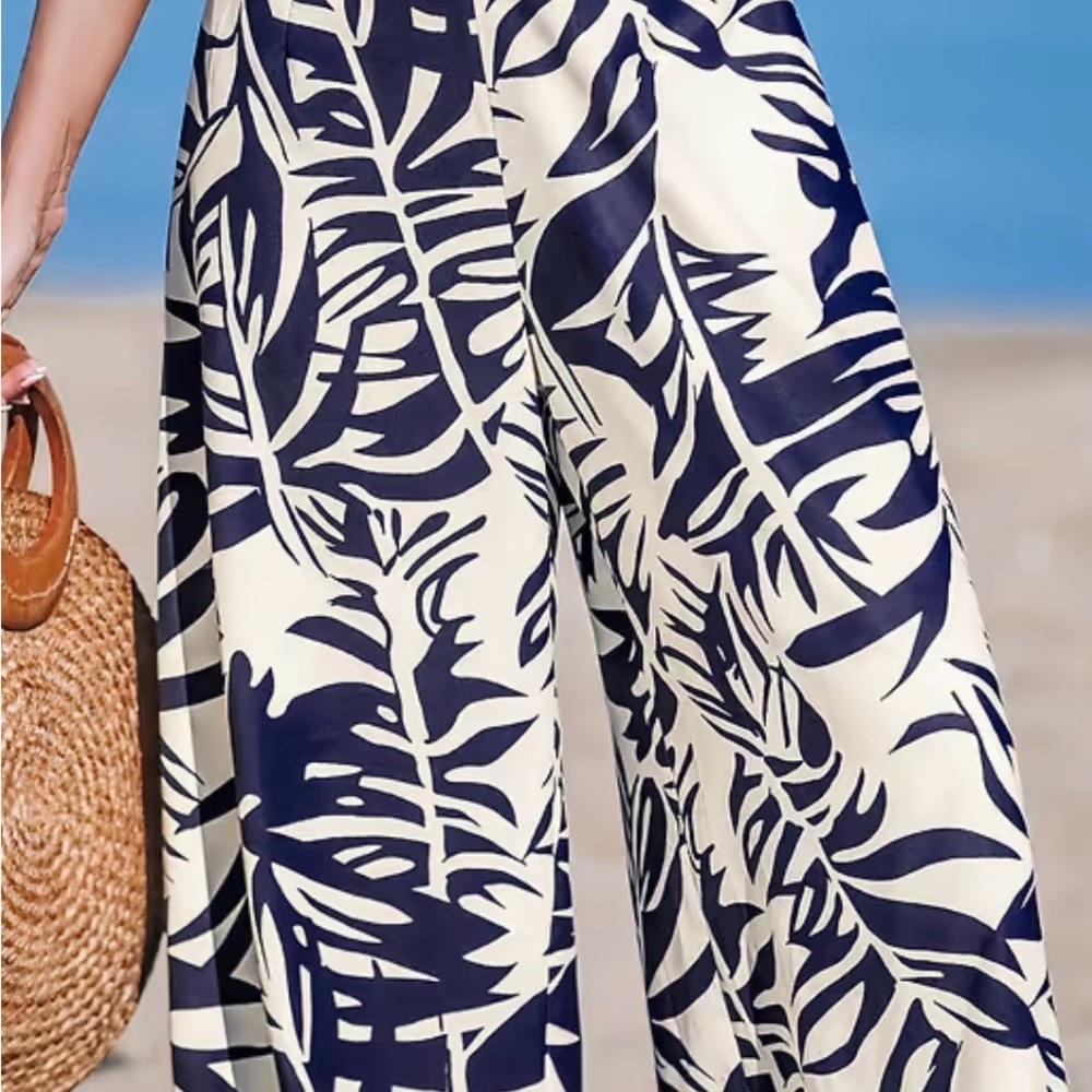 Cupshe Navy & White Tropical Wide-Leg Pants